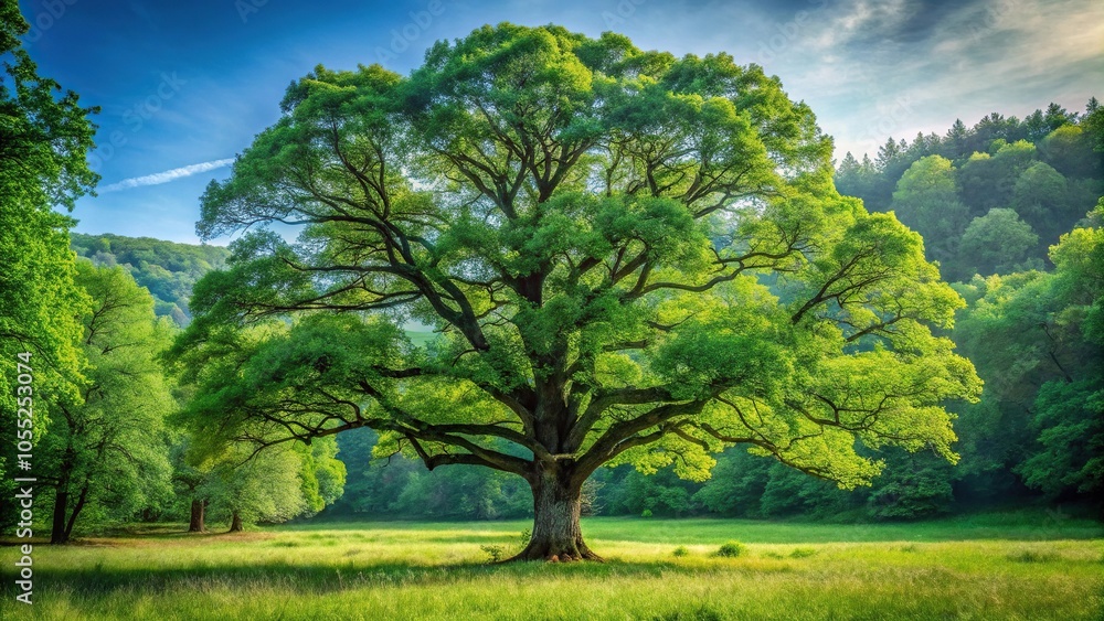 A mature oak tree stands alone in a forest clearing surrounded by tall trees and lush greenery, roots, branches, nature