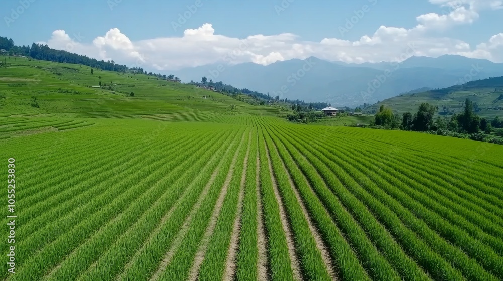 Lush Green Rice Paddy Field With Mountains in the Background Lush Green Rice Paddy Field With Mountains in the Background