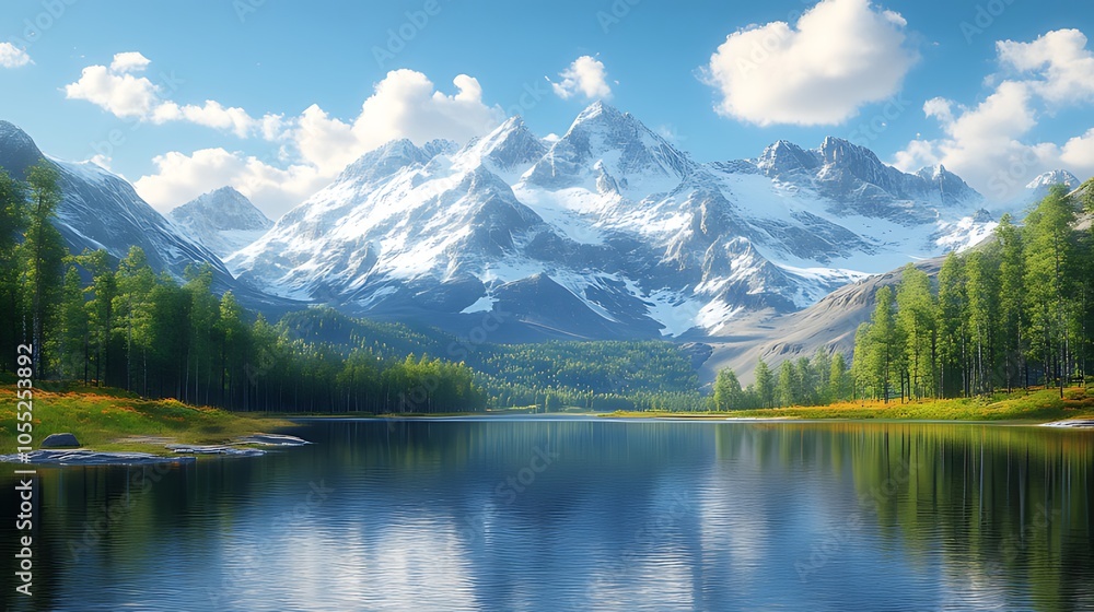 A serene mountain lake reflecting the snowy peaks under a bright blue sky. A serene mountain lake reflecting the snowy peaks under a bright blue sky.
