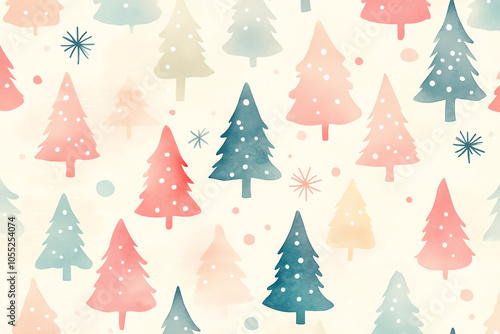 Delicate watercolor Christmas trees with subtle snowflakes on a soft pastel background, minimal design, light color palette, seamless pattern