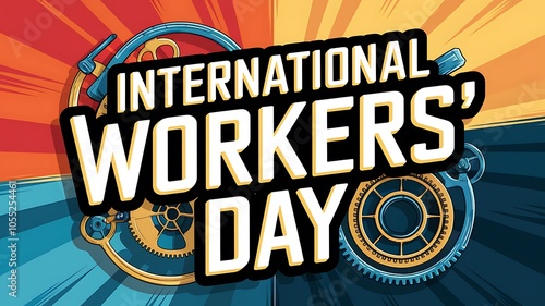 International Workers' Day with Cogwheels and a Comic Book Style Background