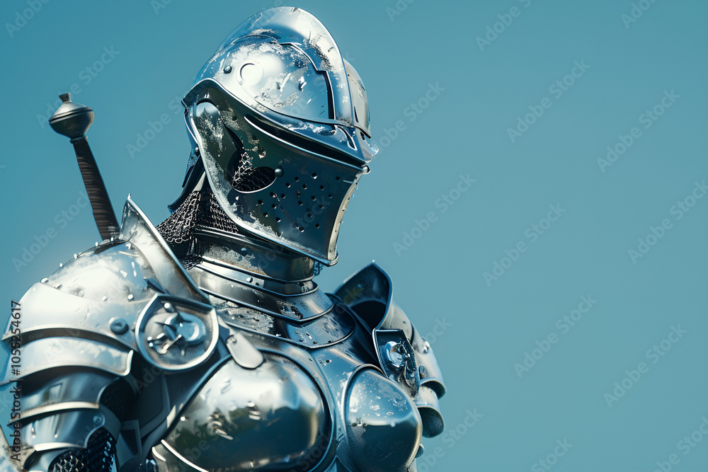 Portrait of a young woman in medieval knight armor, with a helmet and sword, isolated on a blue background. This depicts a female warrior or soldier concept, Generative AI Portrait of a young woman in medieval knight armor, with a helmet and sword, isolated on a blue background. This depicts a female warrior or soldier concept, Generative AI