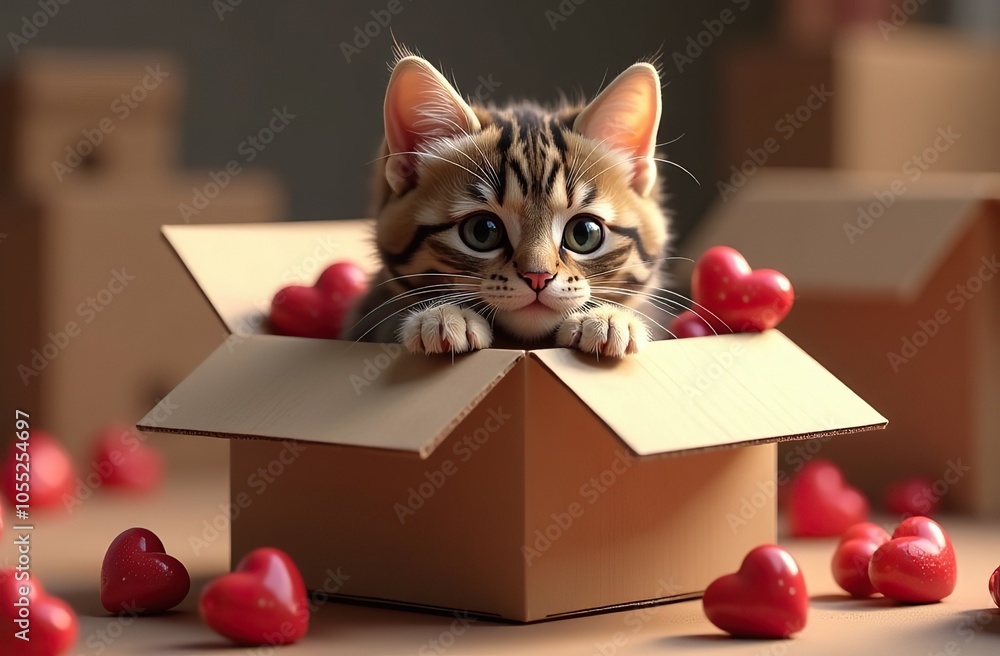 Adorable kitten in cardboard box surrounded by heart-shaped decorations