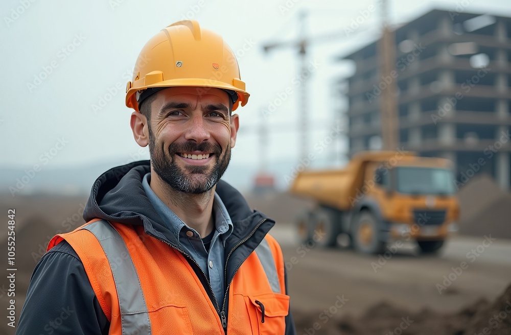 Smiling construction worker in safety gear at busy job site Smiling construction worker in safety gear at busy job site