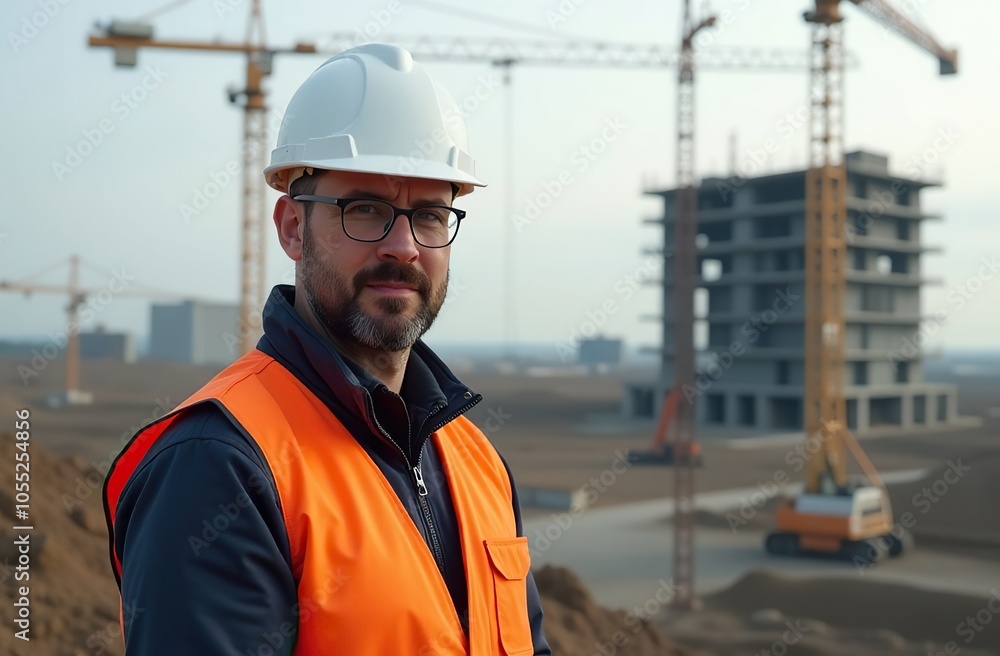 Construction engineer overseeing building site with cranes and concrete structure Construction engineer overseeing building site with cranes and concrete structure