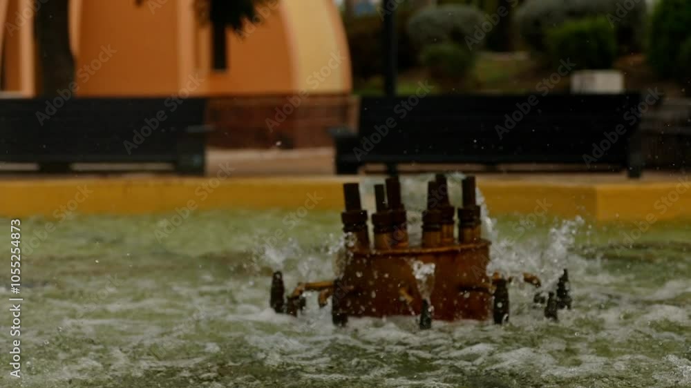 fountain in a park, with water gushing from several spouts and falling into a small pool. Background of a park with warm tones. Whispers of water from a charming fountain in a tranquil park landscape. fountain in a park, with water gushing from several spouts and falling into a small pool. Background of a park with warm tones. Whispers of water from a charming fountain in a tranquil park landscape.