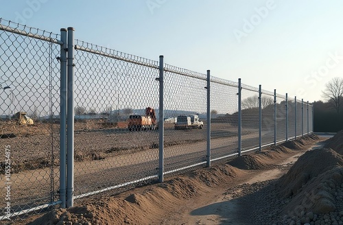 Construction site with mesh fence and industrial machinery in open field