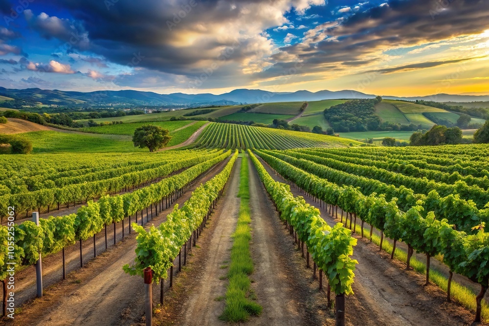 A panoramic view of a sprawling vineyard with rows of vines and grapevines stretching as far as the eye can see, rolling hills, outdoors, landscape photography, countryside, field A panoramic view of a sprawling vineyard with rows of vines and grapevines stretching as far as the eye can see, rolling hills, outdoors, landscape photography, countryside, field