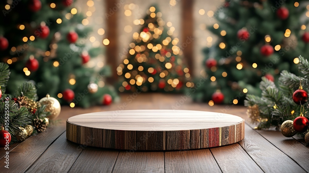 A festive wooden table setting with a decorated Christmas tree softly lit in the background. A festive wooden table setting with a decorated Christmas tree softly lit in the background.
