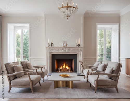 Elegant living room with a cozy fireplace in well-lit area neutral colors, modern furnishings