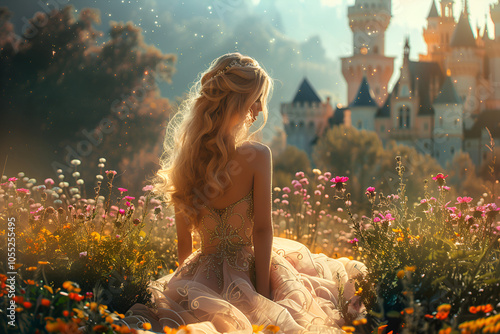 Beautiful blond woman in a princess dress sitting in a flower garden near a castle, looking away from the camera, with a fantasy background, Generative AI	