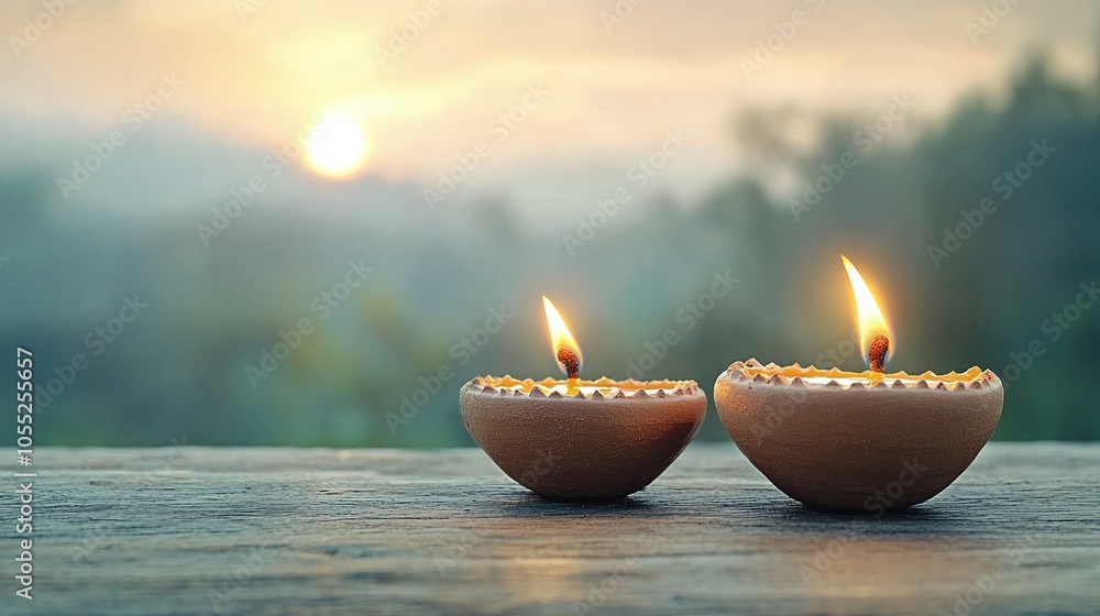 Two illuminated oil lamps sit on a wooden surface, with a serene sunset in the background, creating a tranquil and warm atmosphere. Two illuminated oil lamps sit on a wooden surface, with a serene sunset in the background, creating a tranquil and warm atmosphere.