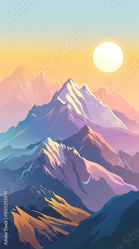 A stunning sunset over majestic, snow-capped mountains, with vibrant colors blending in the sky, creating a serene and tranquil atmosphere.