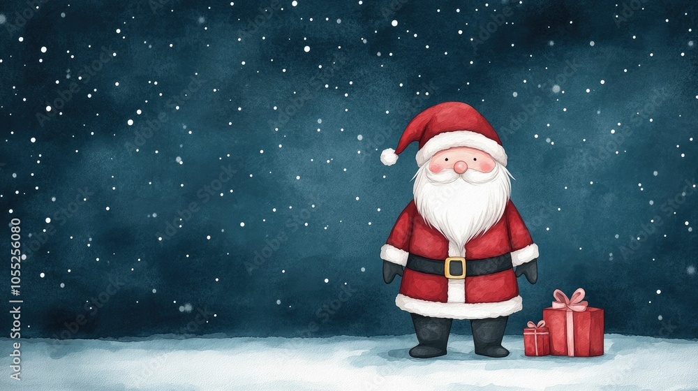 Gnome in a Santa suit delivering presents with reindeer on a magical winter night in a whimsical watercolor style Festive holiday scene with snowy landscape enchanted atmosphere Gnome in a Santa suit delivering presents with reindeer on a magical winter night in a whimsical watercolor style Festive holiday scene with snowy landscape enchanted atmosphere