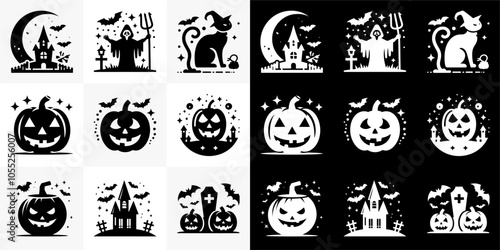 Icon logo set Halloween silhouette vector black and white 