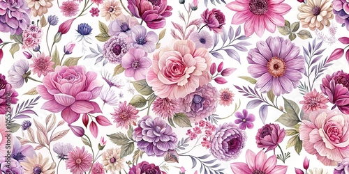 A seamless floral wallpaper with intricate details of various blooming flowers in shades of pink and purple against a soft white background, pink, purple