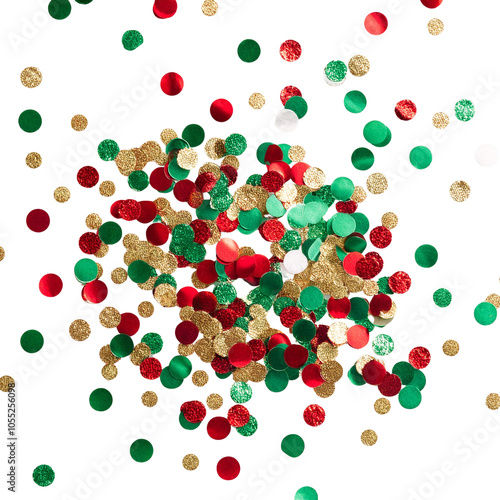 Colorful confetti in red, green, and gold against a white background. transparent background photo