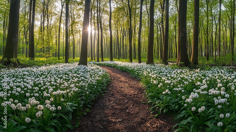Pathway Through the Forest with Blooming Wild Garlic Pathway Through the Forest with Blooming Wild Garlic