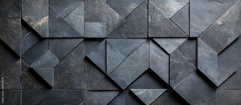 Abstract geometric pattern of dark gray stone tiles, arranged in triangles, creating a modern and textured background.