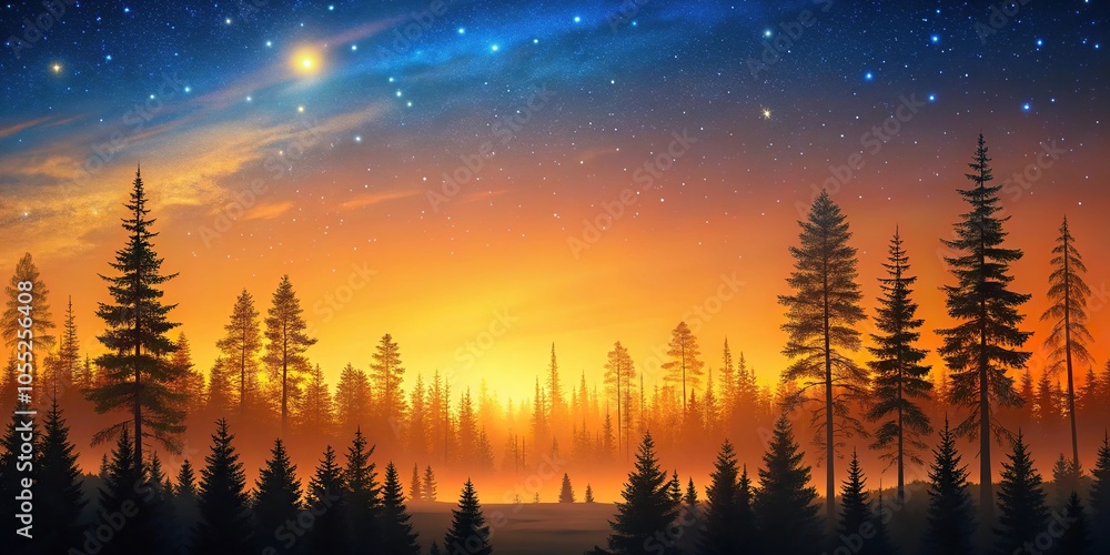 A serene forest landscape at dusk with tall trees silhouetted against a warm orange sky and a few stars beginning to twinkle in the darkness, outdoors, wilderness, sunset, sky, natural A serene forest landscape at dusk with tall trees silhouetted against a warm orange sky and a few stars beginning to twinkle in the darkness, outdoors, wilderness, sunset, sky, natural