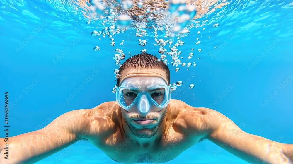 Naklejka premium A swimmer emerges from the water, wearing goggles, as bubbles rise around him in a clear blue pool.