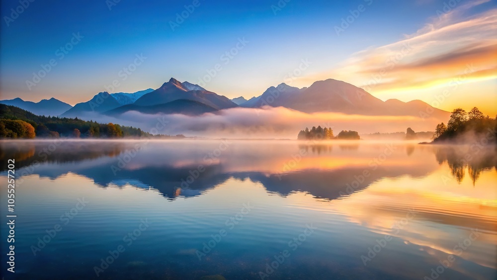 A serene lake at dawn with misty mountains in the background, tranquility, water features A serene lake at dawn with misty mountains in the background, tranquility, water features