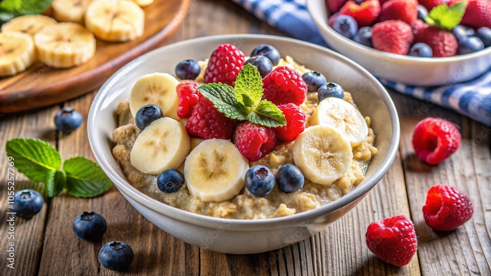 Oatmeal with berries and banana in a white bowl on a wooden dining table. Oatmeal with berries and banana in a white bowl on a wooden dining table.