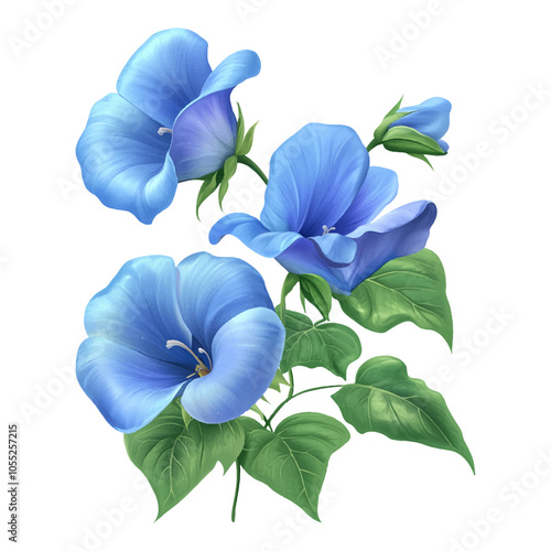 Blue mocking flower with green leaves, white background