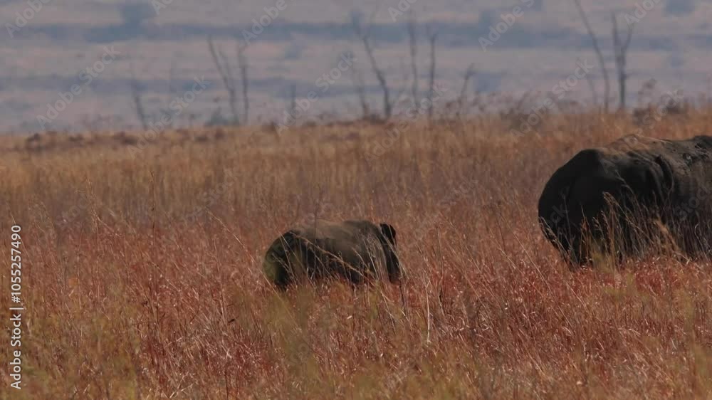 White Rhino and calf walk in golden red bush hidden, camouflaged, medium close up White Rhino and calf walk in golden red bush hidden, camouflaged, medium close up