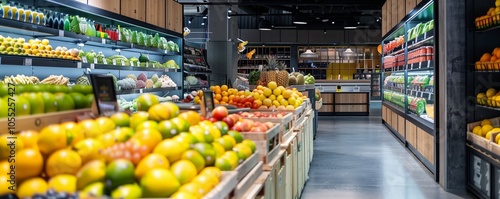 A supermarket with lots of fresh and healthy fruits and vegetables on shelves