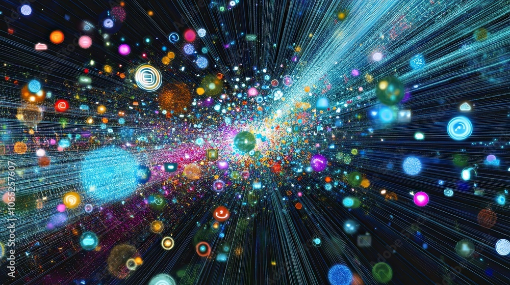 Naklejka premium Animated virtual background with infinite zoom out and social networks connected together on the internet.