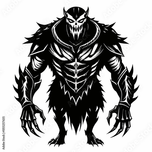 Fierce Demon Silhouette with Sharp Claws and Skull Face in Monochrome Art