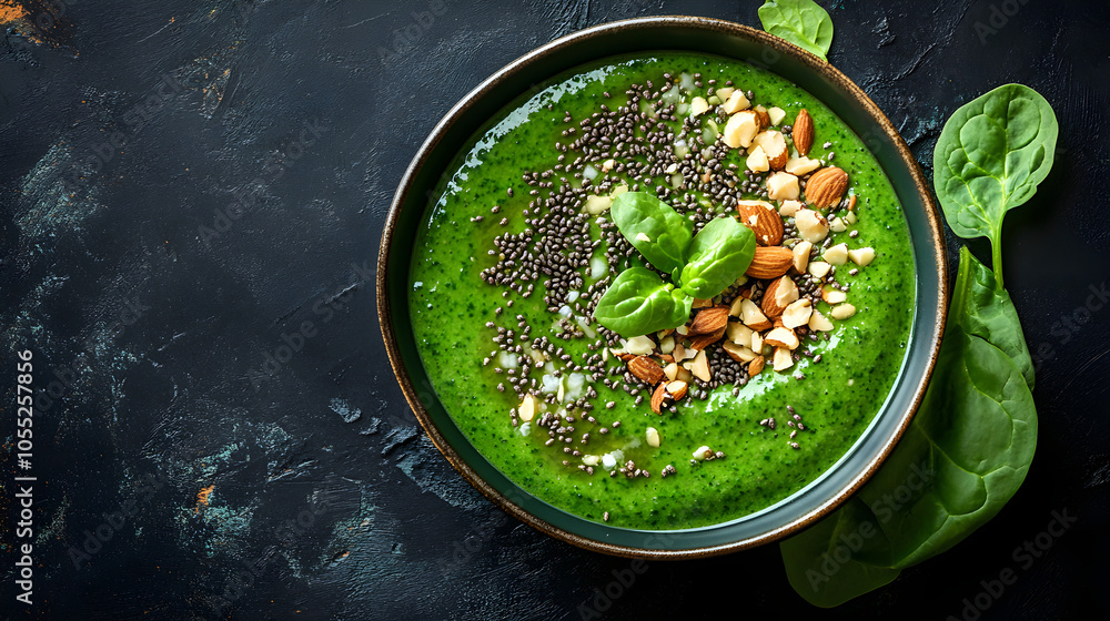 Fresh spinach and kale smoothie bowl topped with nuts and seeds Fresh spinach and kale smoothie bowl topped with nuts and seeds