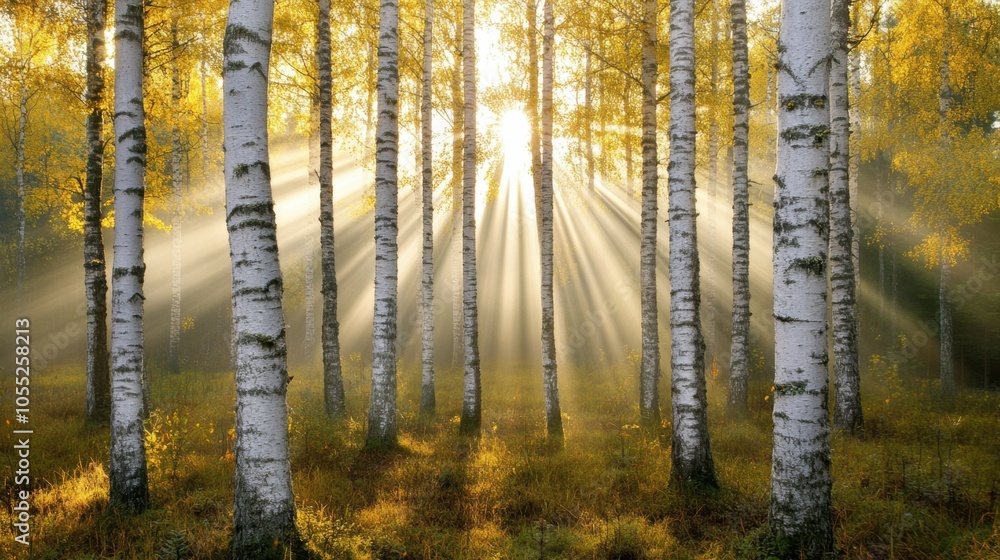 Fototapeta premium Morning sunlight filters through the trees in a peaceful forest, creating a soft glow and a space for text in the open clearing.