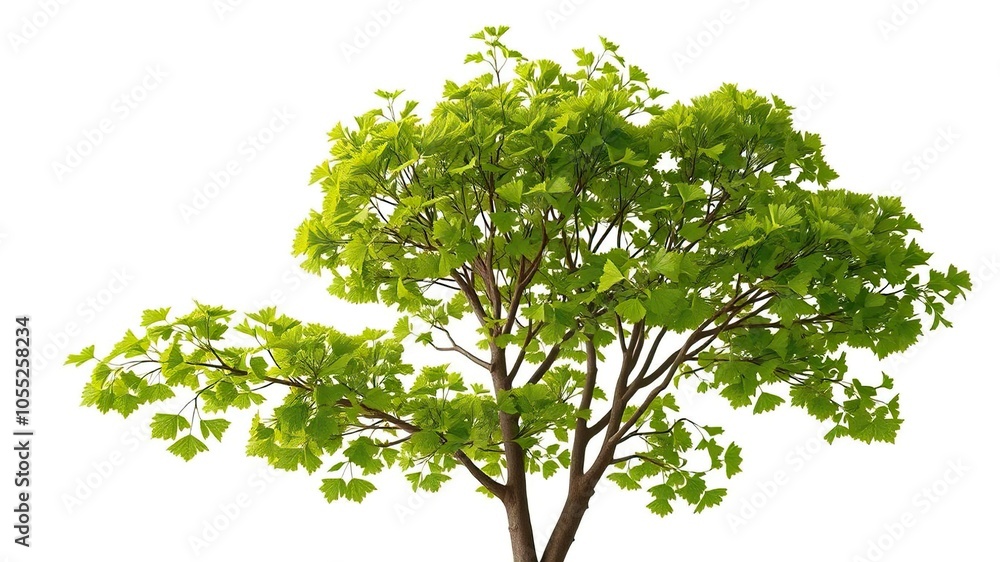 A single ginkgo tree with vibrant green leaves standing tall against a white background, white background, plant A single ginkgo tree with vibrant green leaves standing tall against a white background, white background, plant