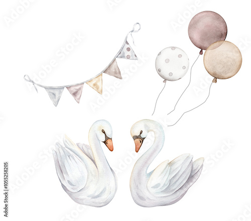 Watercolor hand painted illustration of couple of cute swans in love in pastel color. Garland with flags and balloons on isolated. Wedding symbol of fidelity in the family. For wedding greeting card.