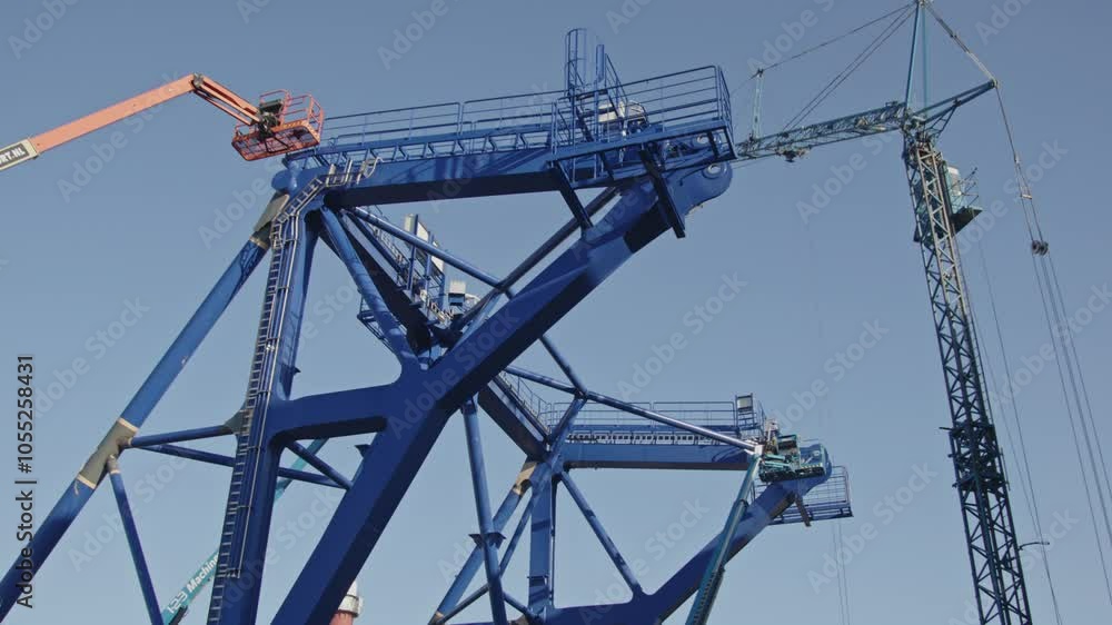 Low angle pan of a pre piling template being constructed at a dock in a Low angle pan of a pre piling template being constructed at a dock in a