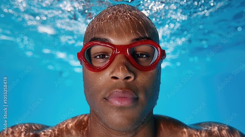 Fototapeta premium A close-up of a swimmer underwater, wearing bright red goggles, highlighting the clarity of water and focused expression.