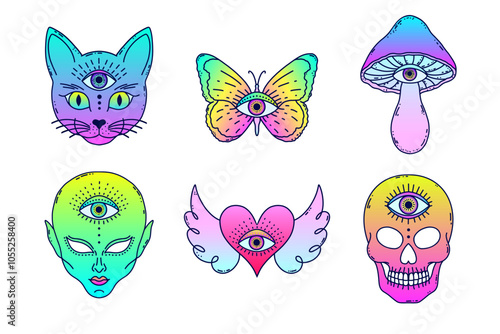  Set of mystical third eye vector with cat, butterfly, mushroom, alien, heart with wings, and skull.