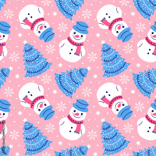 Festive Christmas  seamless pattern with snowflakes, snowman and Christmas trees on pink background.