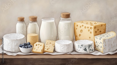 Watercolor still life painting depicting a variety of dairy products including milk cream and cheeses artfully arranged on a rustic farm table conveying a sense of purity health and abundance