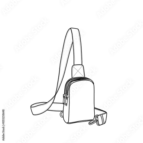 Small sling bag for women cross body sling chest bag for travel line art. Outline vector doodle illustration front view. Isolated on a white background