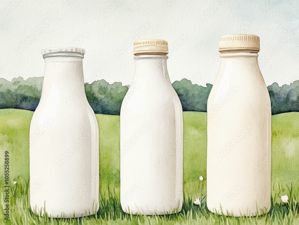 Vibrant watercolor painting depicting a set of milk bottles and cream containers against the backdrop of lush verdant green fields highlighting the health benefits and artisanal Vibrant watercolor painting depicting a set of milk bottles and cream containers against the backdrop of lush verdant green fields highlighting the health benefits and artisanal