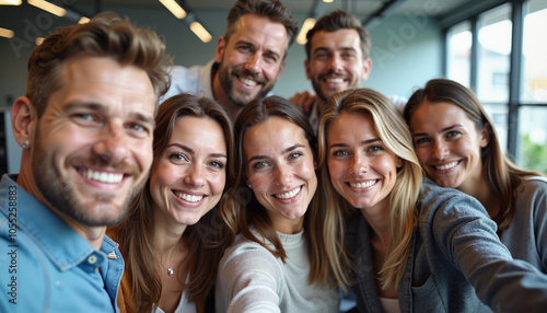 Group of happy people taking a selfie in a bright office setting 