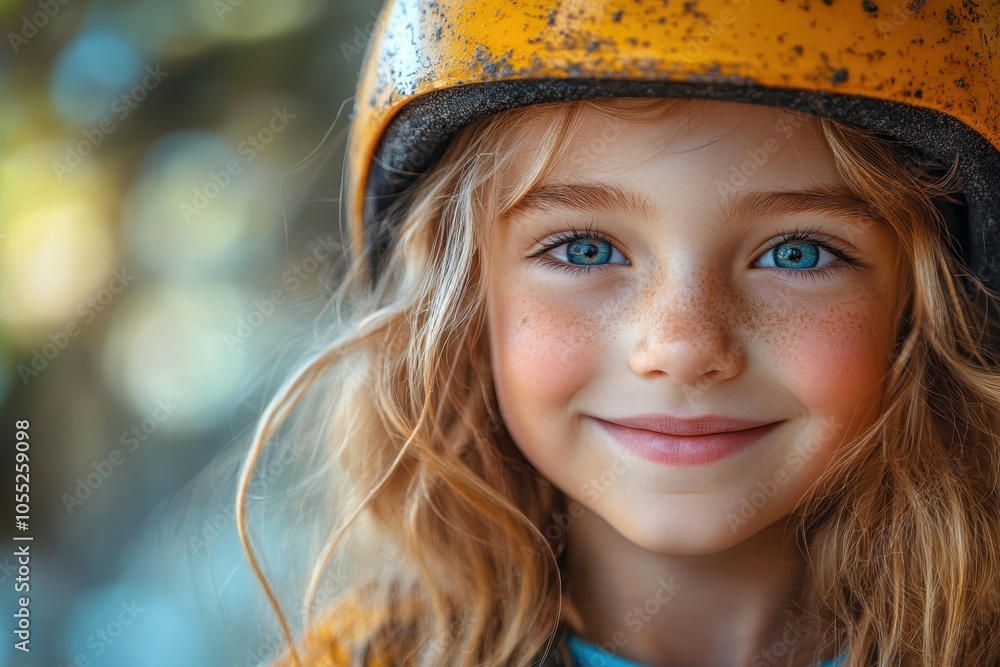 Young girl smiling with bright blue eyes wearing a yellow helmet outdoors in warm sunlight Young girl smiling with bright blue eyes wearing a yellow helmet outdoors in warm sunlight