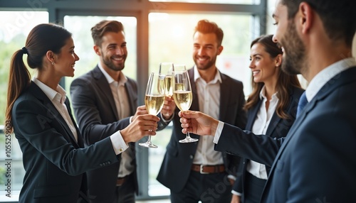 Colleagues toasting with champagne glasses during a celebration in the office 