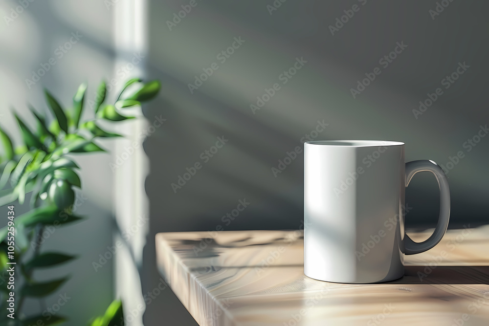 A minimalistic white coffee mug sits on a wooden table, bathed in soft sunlight with shadows and a green plant in the background. A minimalistic white coffee mug sits on a wooden table, bathed in soft sunlight with shadows and a green plant in the background.