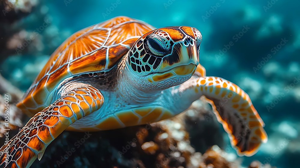 Fototapeta premium A close-up view of a sea turtle swimming in the ocean.