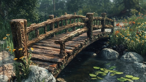 A wooden bridge spans a small stream in a lush forest setting.