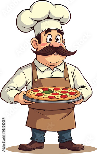 Emblem Of Chef With Holding Colorful Pizza Sketch On White Background Logo